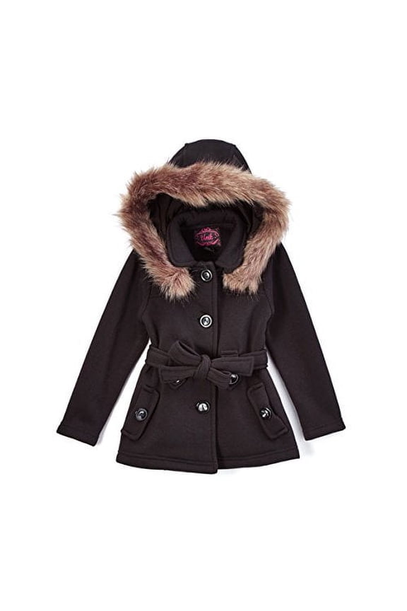 Girl Fleece Coat with Detachable Fur Lined Hood and Belt (2, Black)