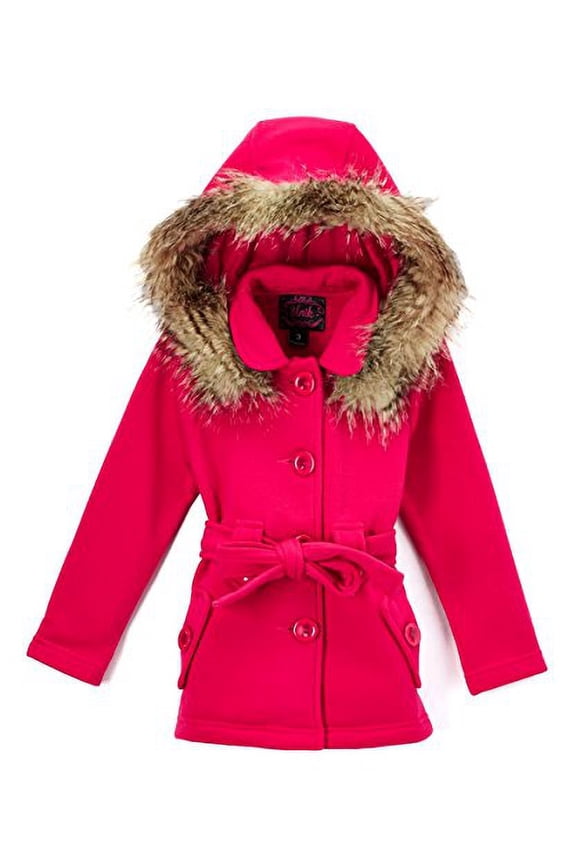 Girl Fleece Coat with Detachable Fur Lined Hood and Belt Black Fuchsia Grey Navy Red Burgundy (3, Fuchsia)