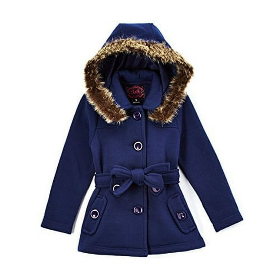 unik Girl Fleece Coat with Detachable Fur Lined Hood and Belt, Navy Size 3