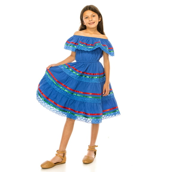 unik Girl's Traditional Mexican Birthday, Cinco De Mayo, Christmas, Cultural Event Fiesta Dress Royal X 8