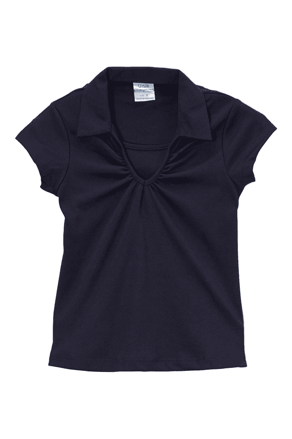 Girl's Uniform V-Neck Collar Short Sleeve Shirt, Navy Size 12