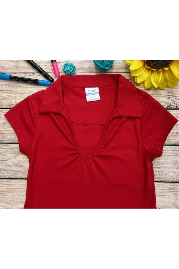 Girl's Uniform V-Neck Collar Short Sleeve Shirt, Red Size 8