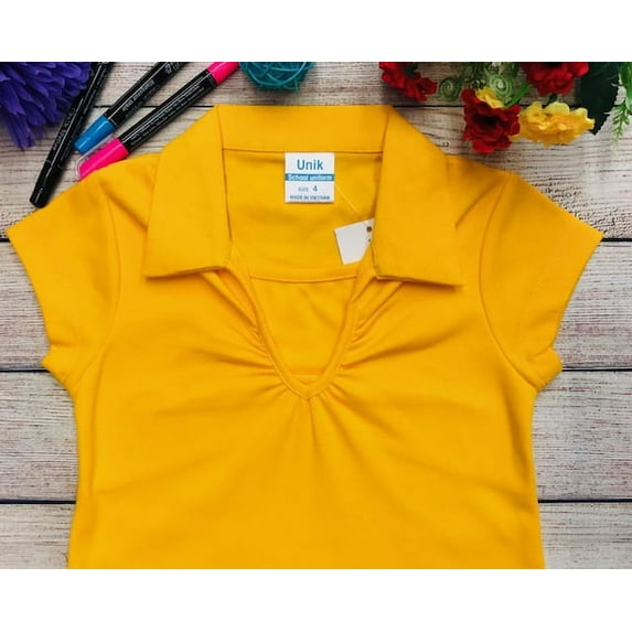 unik Girl's Uniform V-Neck Collar Short Sleeve Shirt, Yellow Size 18