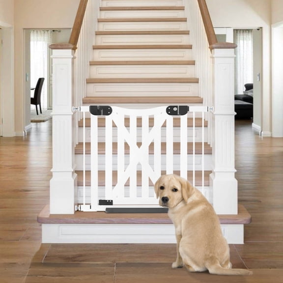 unipaws 30" Tall Barn Door Dog Gate, Anti-Kick Pet Gate with Walk Through Door, Modern Farmhouse Puppy Gate, White