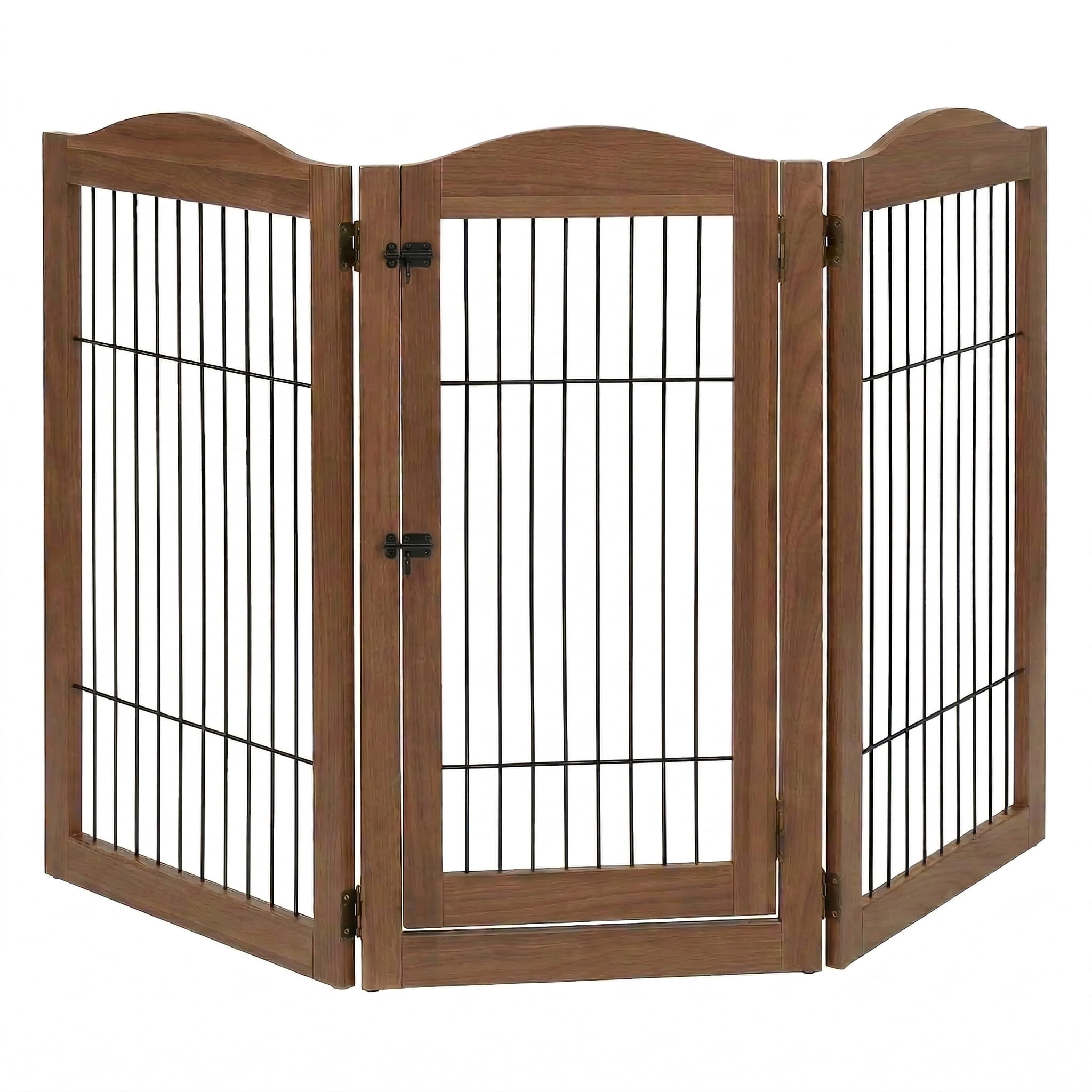 unipaws 31.5 Inch Height Pet Gate with Wood and Wire, 66 Inch Wide Freestanding Walk Through Dog Gate, Foldable Stairs Barrier for Dogs Cats