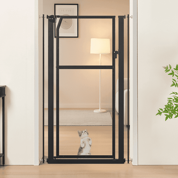 unipaws 56" Extra Tall Pet Gate, Clear Tall Cat Gate, 29.5-33.5" Wide No Drilling Pressure Mounted Dog Gate for Doorway, Hallway, Stairs, Black