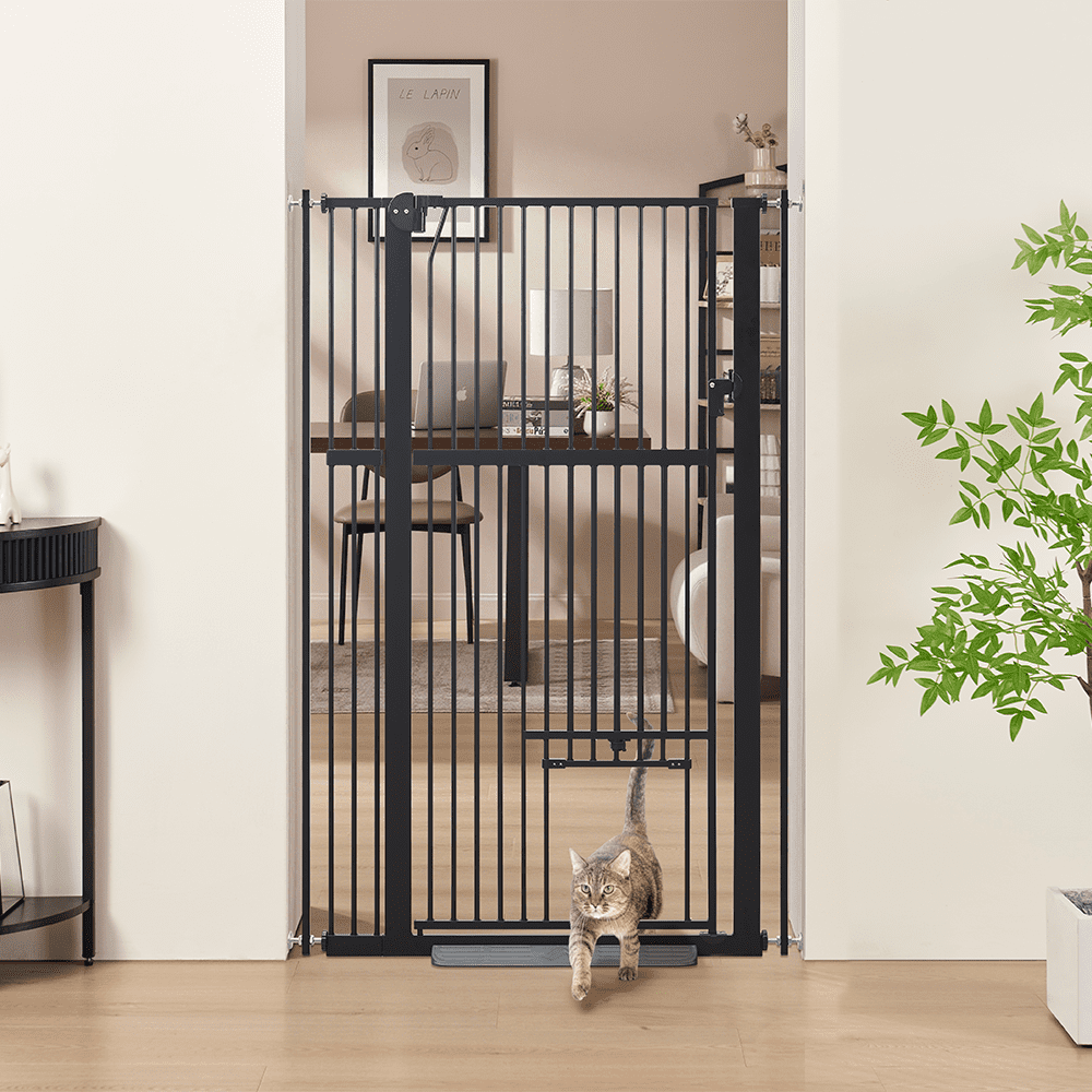 unipaws 56" Tall Baby Gate with Cat Door, 31-37" Wide Pressure Mounted Dog Gate for Stair Doorway, Walk Through Pet Gate, Black