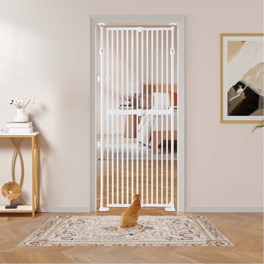 Unipaws 75" High Extra Tall Cat Gate, Auto Closing and No Drilling Safety Gate for Doorway, Fit 21"-34" Opening, White