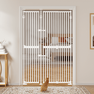 unipaws 74 Inch High Extra Tall Cat Gate with Doors Locks Narrow Bar Spacing, 34.5-50.5" Wide Pressure Mounted Dog Gate