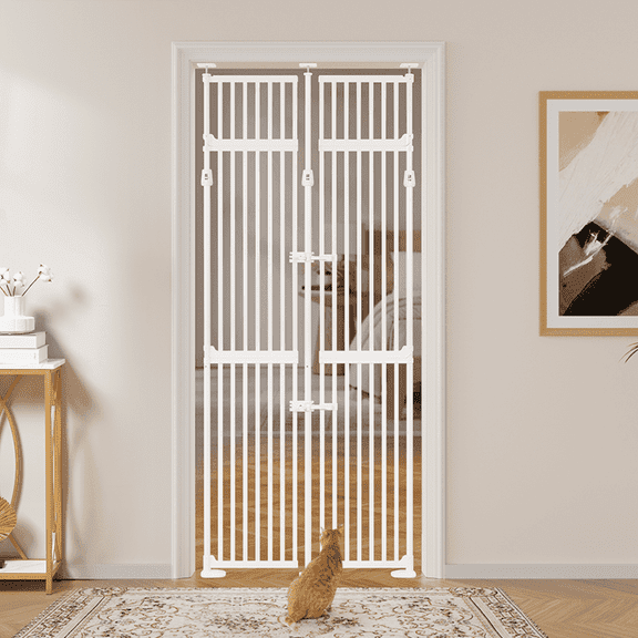unipaws 86" High Extra Tall Cat Gate with Doors Locks Narrow Bar Spacing, 35-38" Wide Pressure Mounted Dog Gate