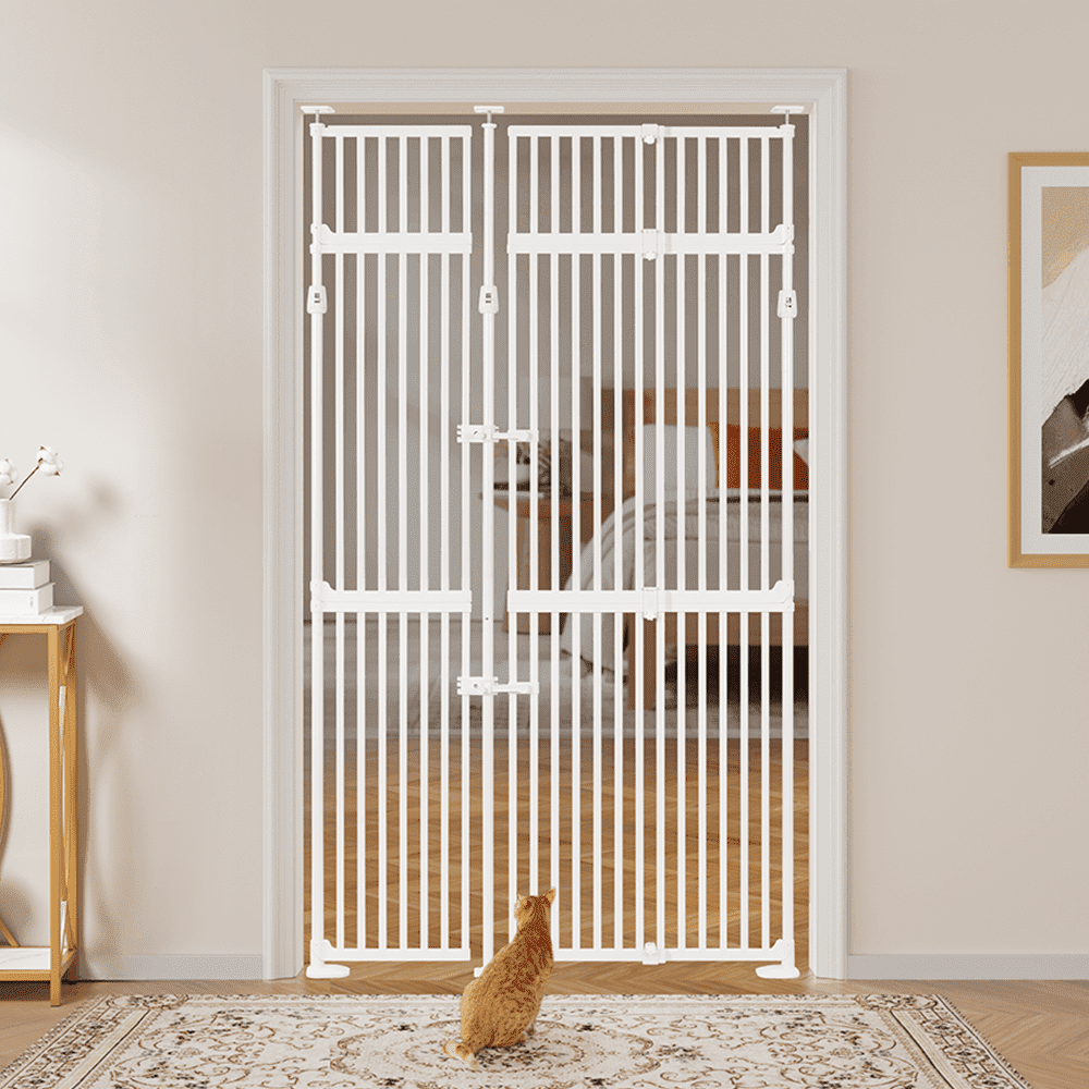 unipaws 86" High Extra Tall Cat Gate with Doors Locks Narrow Bar Spacing, 35-51" Wide Pressure Mounted Dog Gate