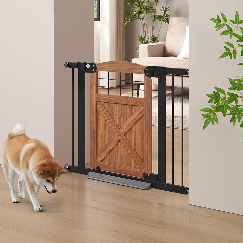 unipaws Barn Door Dog Gate, Anti-Kick Pet Gate with Walk Through Door, Modern Farmhouse Puppy Gate, Walnut