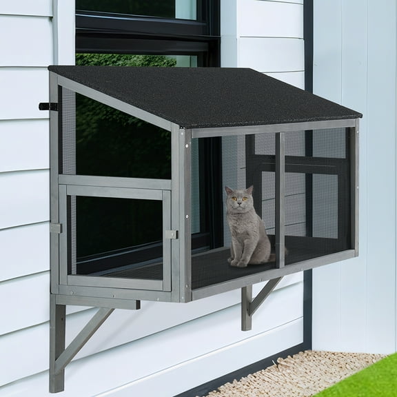 unipaws Bug Proof Cat Catio, Window Box Enclosure for Indoor Cats, Wooden Cat Window Perch House