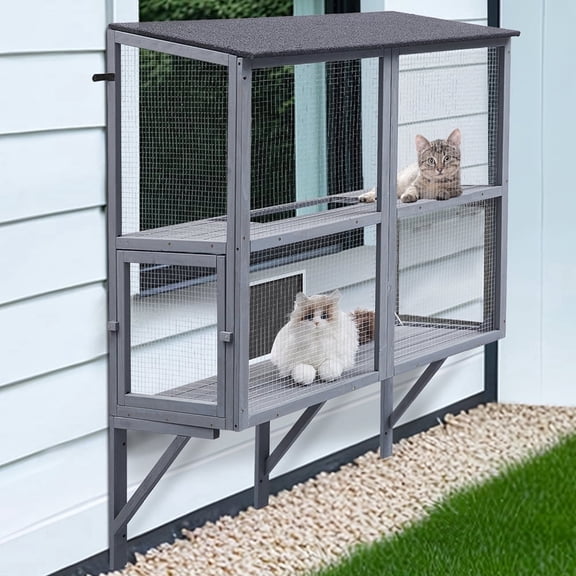 Unipaws 2-Tier Grey Window Box Catio, Wooden Outdoor Enclosure for Indoor Cats, Expandable Weatherproof Perch House