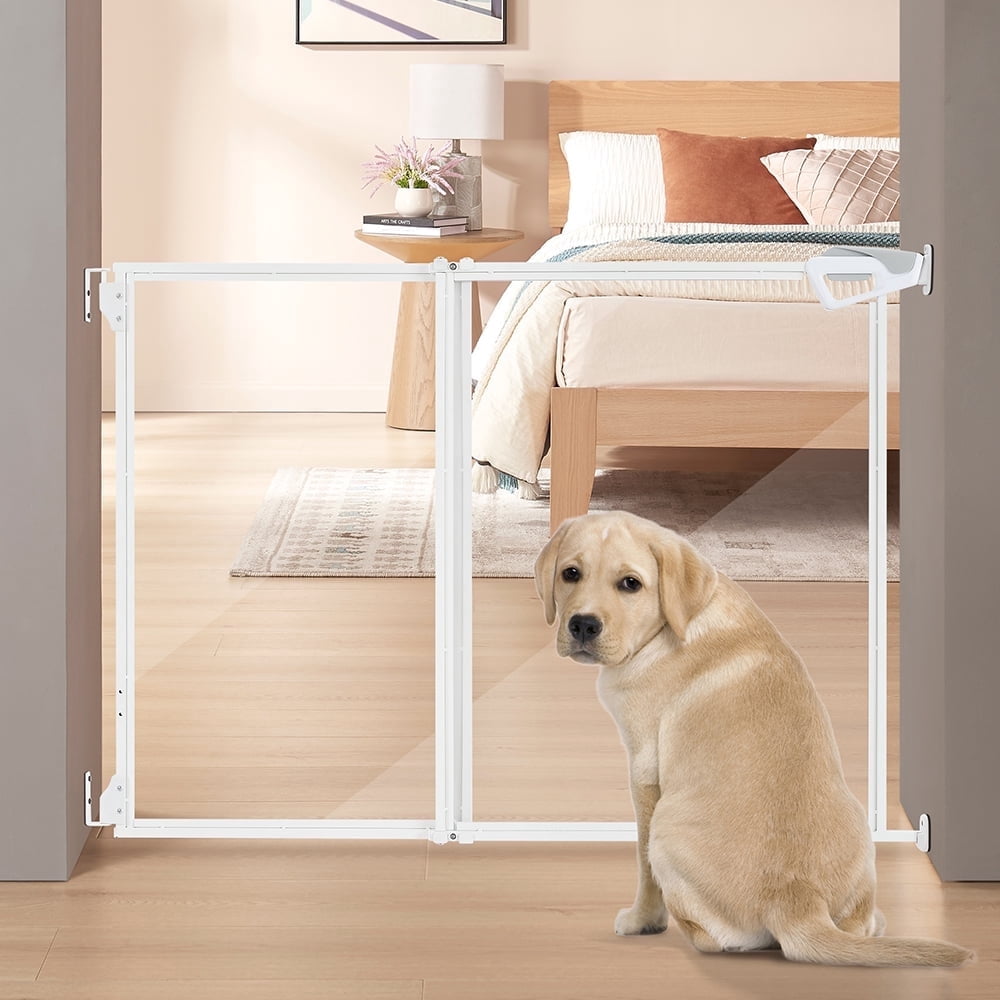 unipaws Clear Dog Gate, No Bottom Bar Pet Safety Gate for Doorways Hallways Stairs, Walk Thru Design with One-Hand Dual Swing Door, Indoor and Outdoor Use, Adjustable 28" to 43.5" Wide, 30" Tall