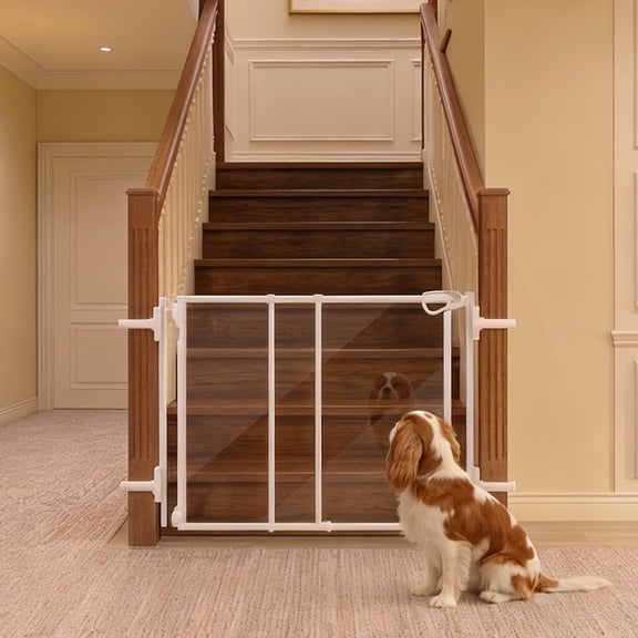 Unipaws Clear Dog Gate, No Bottom Bar Pet Fence for Doorways Hallways Stairs, Walk Thru Design with One-Hand Dual Swing Door, Indoor and Outdoor Use, Adjustable 28" to 43.5" Wide, 30" Tall