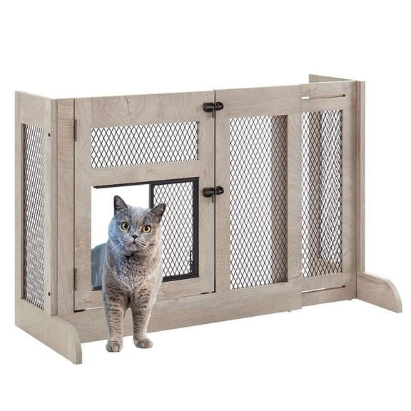 Unipaws Unipaws Free Standing Dog Gate with Cat Door, Walk Through Mesh Pet Gate, 33.3'-41.6' Adjustable Wooden Dog Barrier