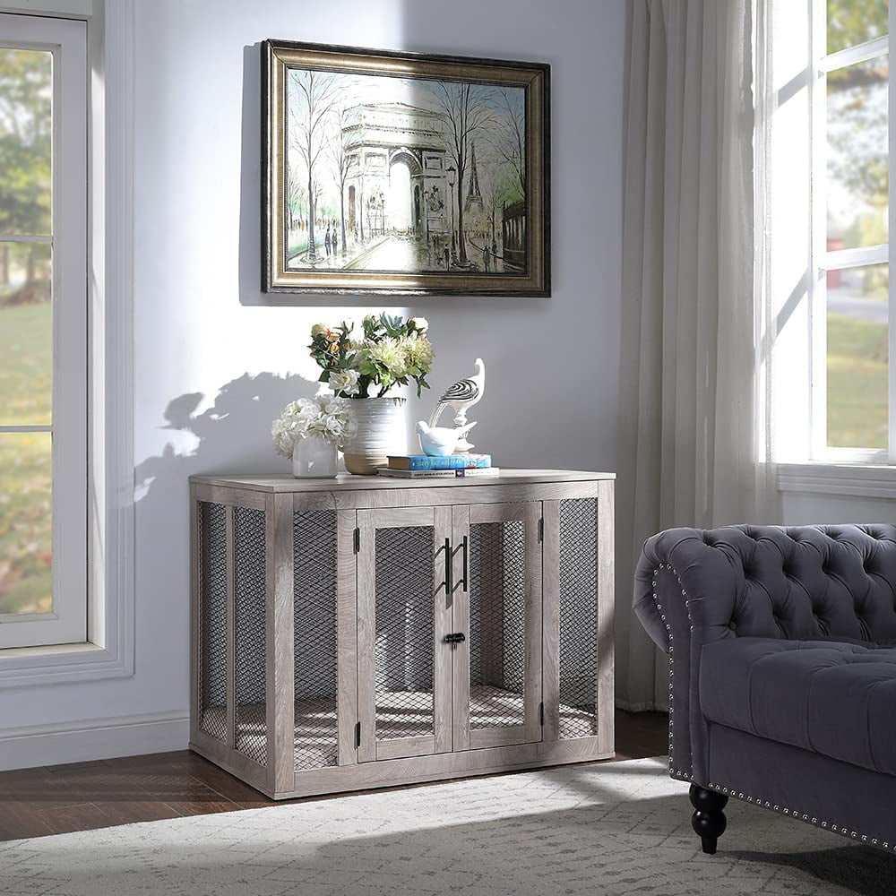 unipaws Large Dog Crate Furniture with Cushion and Tray, Metal Mesh Dog