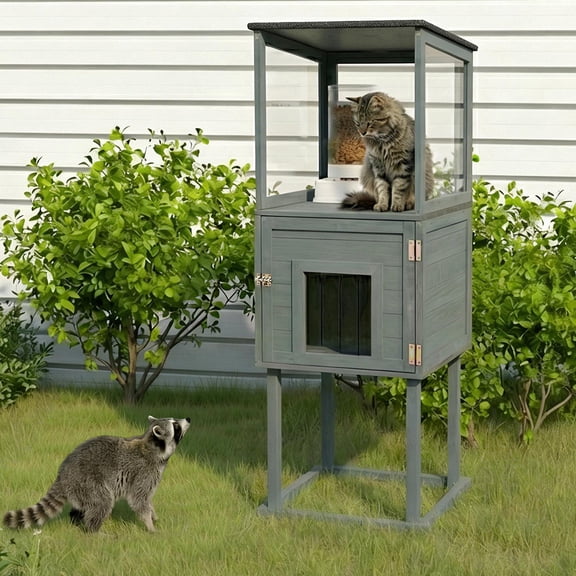 Unipaws Outdoor Cat Feeding Station, Weatherproof Feral Cat Shelter, Dog Proof Pet Feeder House with Elevated Base for Outside Strays, Raccoon Proof Haven