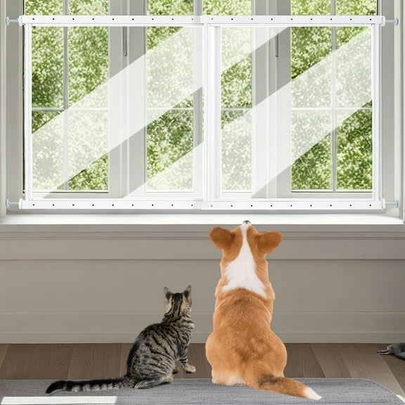 unipaws Pet Window Safety Guards, Clear Acrylic Safer Than Bars, Window Guards for Dogs Cats, Pressure Mounted Safety Pet Barrier with Metal Frame, Adjustable 32" to 62" Wide, 29" Tall, Indoor Use