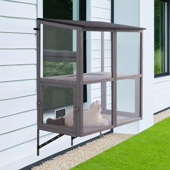 unipaws Prevent Conditioned Air Loss, 2 Tiers Bug Proof Cat Catio, Window Cat House with Clear PC Panels