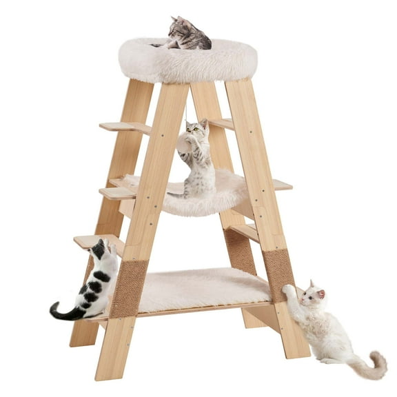 Unipaws Pyramid Cat Tree, 5-Level Wooden Cat Ladder, Sturdy Tall Cat Climbing Tower with Cozy Hammock