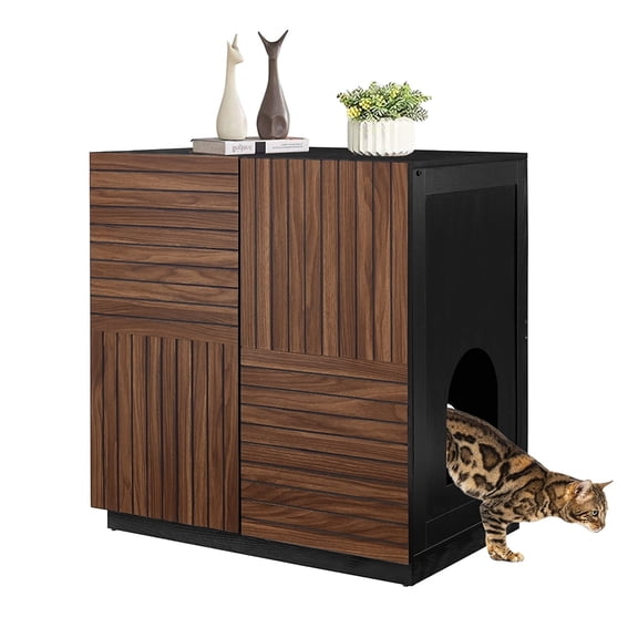 unipaws Tall Cat Litter Box Enclosure Furniture Style, Hidden Cat House Washroom for Tall or Top Entry Litter Box, Modern Pet House Cabinet with Adjustable Shelf (Black&Walnut)