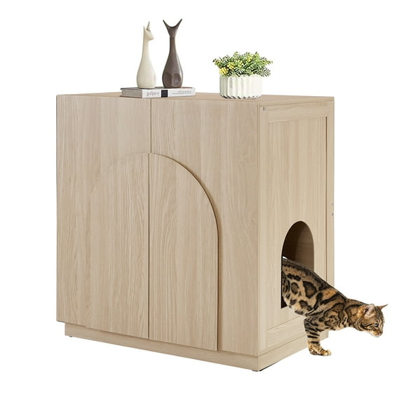 unipaws Tall Cat Litter Box Enclosure Furniture Style, Hidden Cat House Washroom for Tall or Top Entry Litter Box, Modern Pet House Cabinet with Adjustable Shelf, White Oak