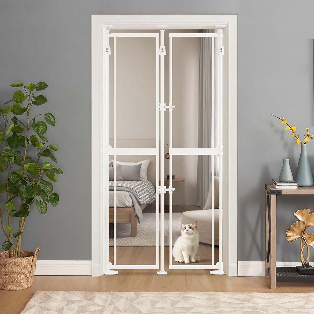 unipaws Clear Acrylic Cat Safety Gate, 75"-98" Height and 36.2"-37" Wdie Adjustable, Auto Closing and No Drilling Plus Stable 3 Support Pillars, White
