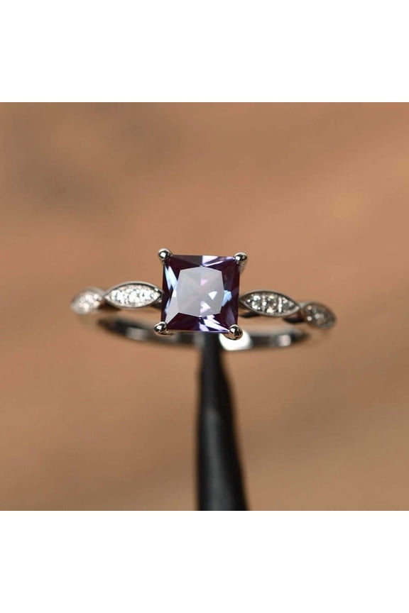 unique engagement rings princess cut alexandrite rings sterling silver rings June birthstone ring lovely rings