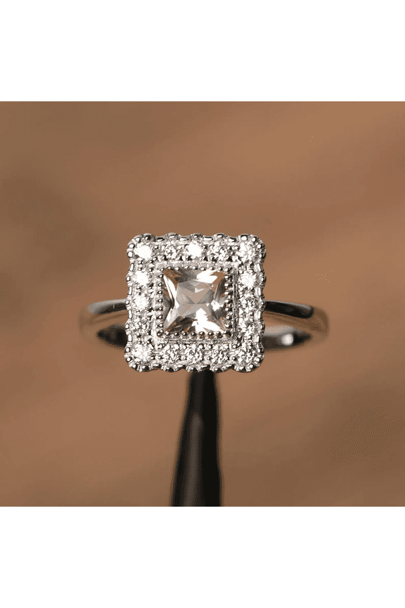 unique rings princess cut pink morganite engagement rings pink gemstone silver rings halo rings