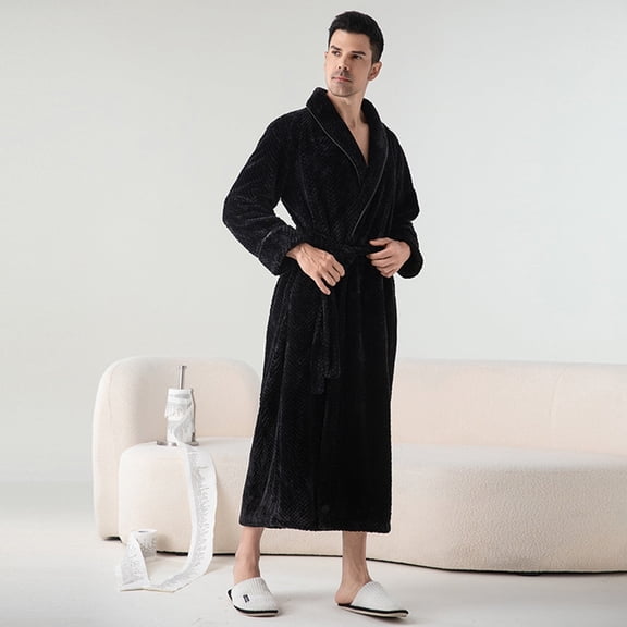unisex Winter Warm long robes solid color Nightgown Couple mens womens thick fleece Bathrobe with pockets loungewear home clothes Black M