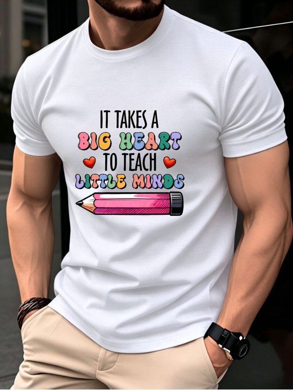 unisex short sleeve t shirt with teachers day themed print features a gradient font slogan it a big heart to teach on the front with a design and pencil illust