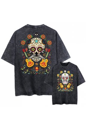 unisex vintage washed oversized black tshirt short sleeve tees graphic men women clothing sugar skull guitar flowers mustache mexican dia de los muertos printed tshi