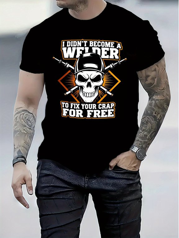 unisex welder warning print skull and welding tool pattern t shirt soft style t shirt suitable for daily wear in