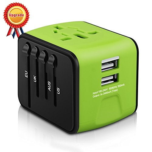 universal travel adapter, haozi all-in-one international travel charger with 2.4a dual usb, travel power adapter travel wall charger for us, uk, eu, au & asia covers 150+countries (green)