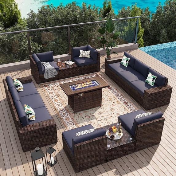 unmthink 13-Piece Rattan Sectional Patio Furniture Set with Fire Pit Table, 2 Coffee Tables, Blue