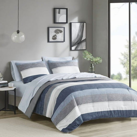 Stripe Comforter Set with Bed Sheets Blue/Grey King