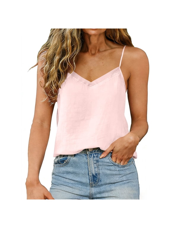 Cotton Linen Tank Tops for Women V Neck Camisole Adjustable Spaghetti Strap Summer casul Breathable Camisole