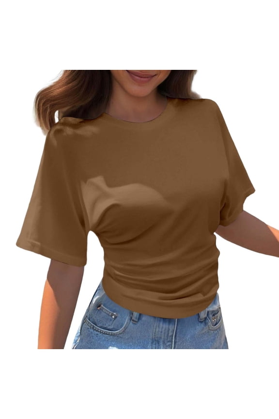 Women Short Sleeve Ruched Cinched Waist Crop Tops Y2K Vintage Clean Fit Round Neck Tshirt Casual Going Out Summer Basic Tee