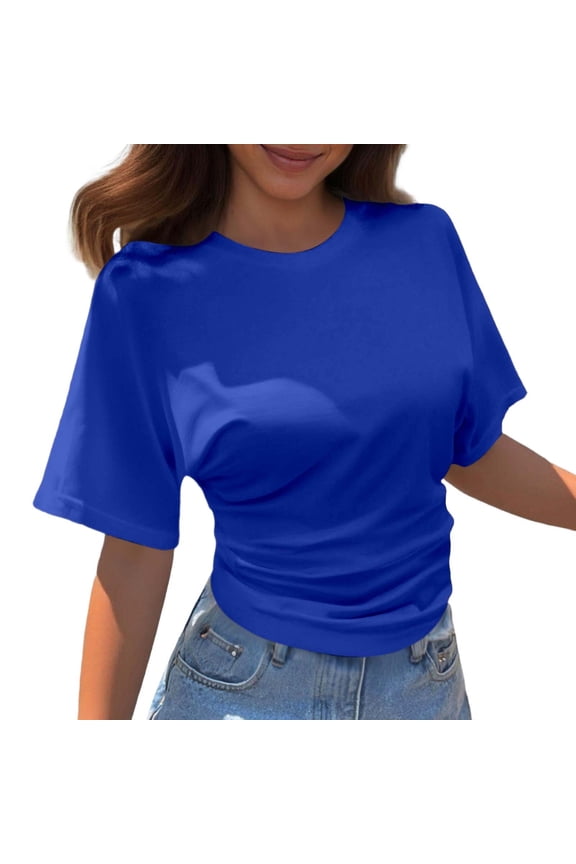 Women Short Sleeve Ruched Cinched Waist Crop Tops Y2K Vintage Clean Fit Round Neck Tshirt Casual Going Out Summer Basic Tee