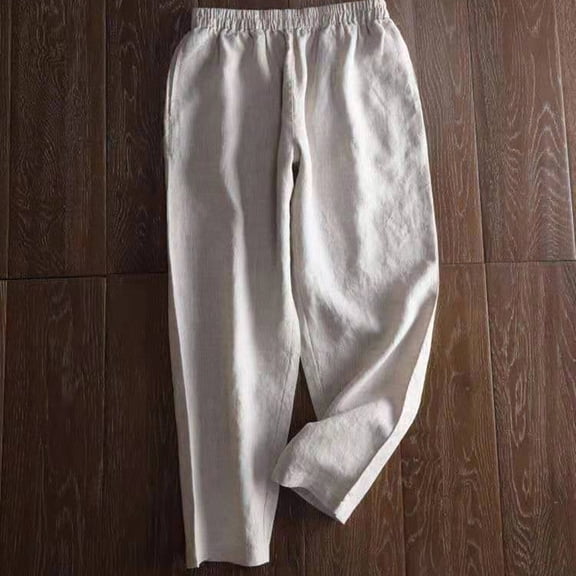 up to 60% off Gifts Usmixi Womens Cotton Linen Trousers Fashion Elastic Waist Plus Size Long Pants Solid Wide Leg Straight Pants with Pocket Beige m