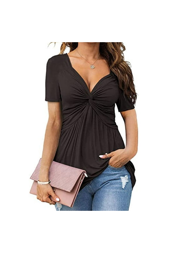 up to 60% off Gifts Usmixi Womens Tops Fashion Front Twist Knotted Pleated Hem Tunic Shirts Summer Cute Solid V-Neck Short Sleeve Blouses Black m