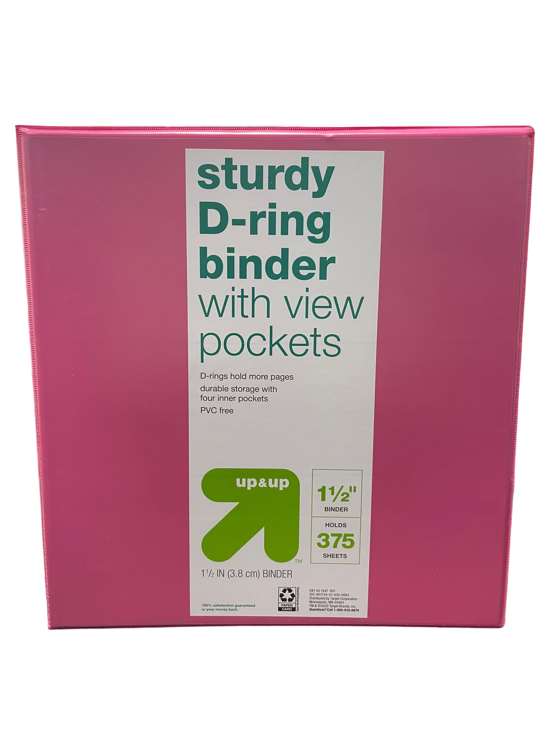 up & up 3-Ring Sturdy D-Ring Binder with view pockets, 1.5", Pink