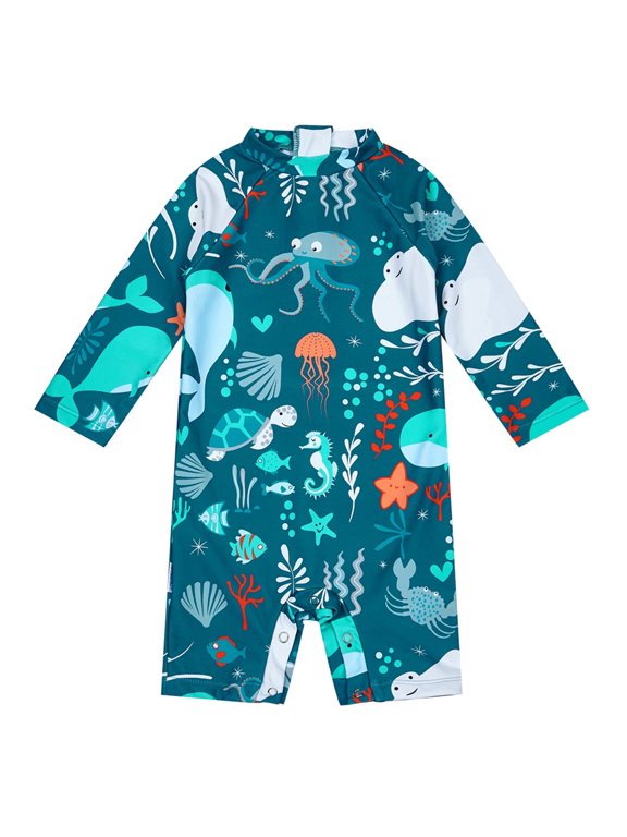 UPF 50+ Baby Boy One-piece Swimwear with Snap Design Toddler Long Sleeve Sunsuit 12-18 Months