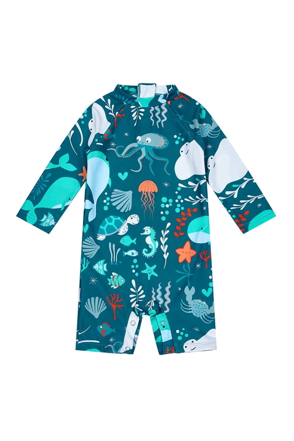 UPF 50+ Baby Boy One-piece Swimwear with Snap Design Toddler Long Sleeve Sunsuit 12-18 Months