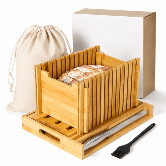 [upgraded] Bread Slicer With High-grade Stainless Steel - Adjustable Wooden Guide Crumb Tray Brush & Pouch | Manual For Homemade