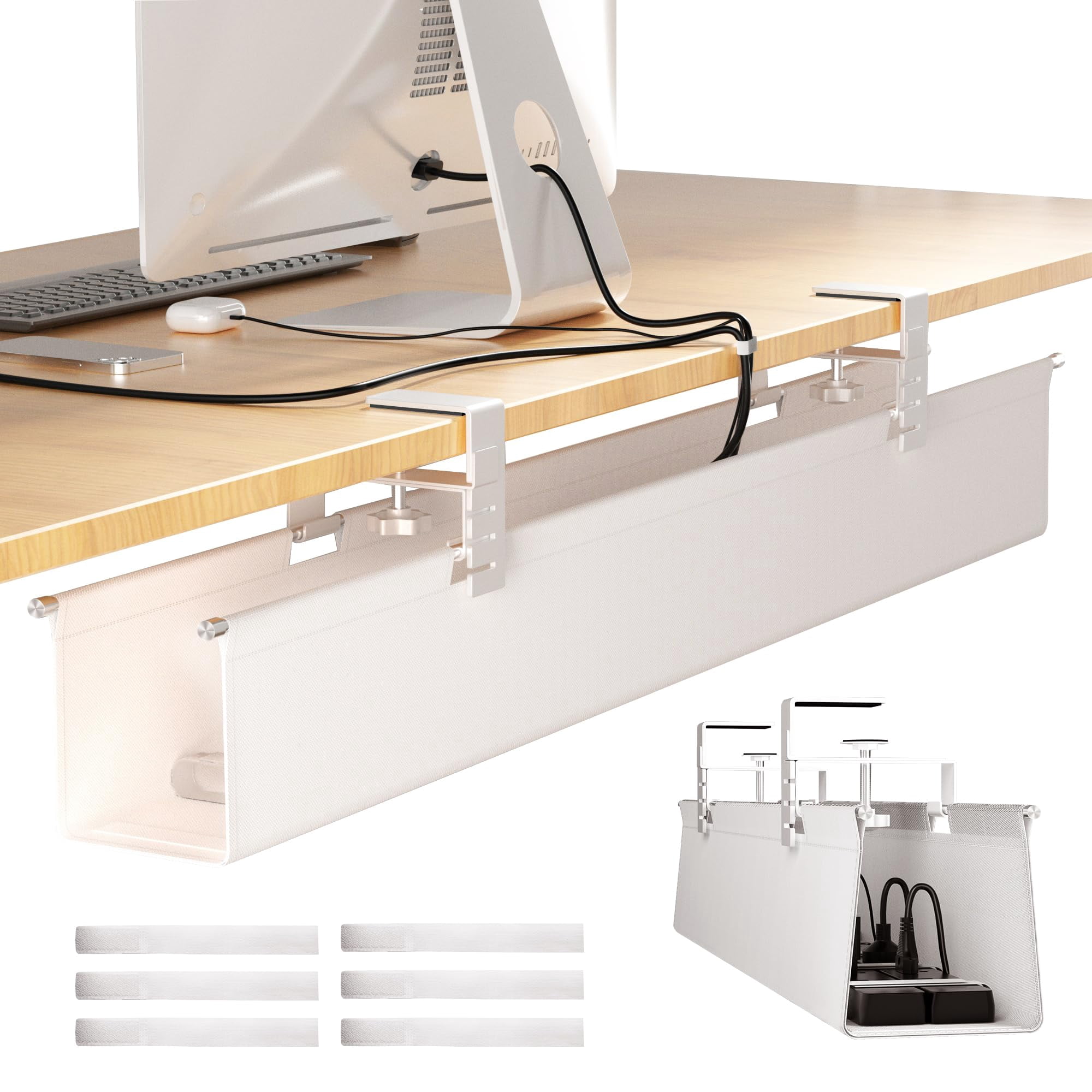 [upgraded] Large Under Desk Cable Management Tray  No Drill 28.4" Fabric Cord Hider For Wire Organizer Office Home - Supports Up To 30lbs White