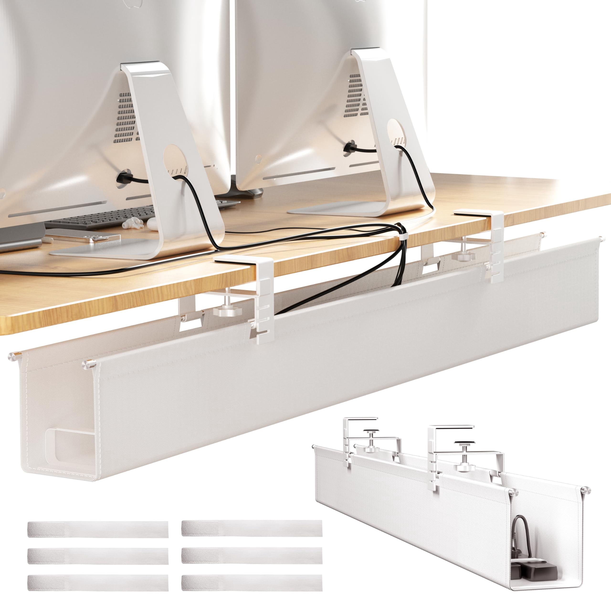 [upgraded] Large Under Desk Cable Management Tray  No Drill 42" Fabric Cord Hider For Wire Organizer Office Home - Supports Up To 30lbs White