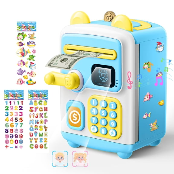 【upgraded】 Piggy Face Id Password Unlocking Electronic Atm Security Toys Gifts For 3 4 5 6 7 8 9 10 11 12 Year Old Blue